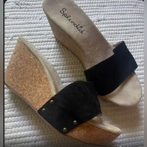 Splendid Women's Black Cork Wedge Sandals Size 7.5 Studded Slip-On Casual
